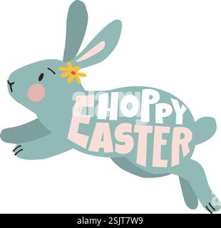 Poster della festa di buon giorno di Pasqua. Invito di primavera. Carina simpatica simpatica illustrazione vettoriale animale coniglio. Hoppy Easter Lettering text. Tradizionale Illustrazione Vettoriale