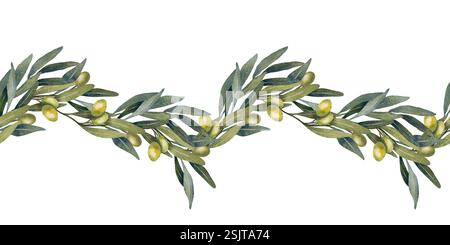 Illustrazione ad acquerello disegnata a mano di rami di ulivo con olive verdi e nere. Composizione botanica naturale con foglie e frutti. Perfetto per Foto Stock