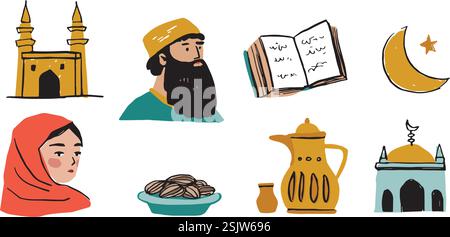 Set di illustrazioni vettoriali della religione Islam disegnate a mano. Oggetti isolati della clipart natalizia del Ramadan. Uomo arabo, donna, frutta da appuntamento. Edificio della Moschea, corano Illustrazione Vettoriale