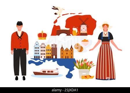 Viaggio nei Paesi Bassi, presentazione infografica della mappa con gli olandesi in graziosi abiti tradizionali, bandiere e edifici storici, elementi di cultura e monumenti storici di Amsterdam illustrazioni vettoriali dei cartoni animati Illustrazione Vettoriale