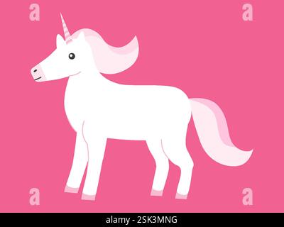 Illustrazione a cartoni animati piatta di un unicorno bianco con criniera rosa e corno su sfondo rosa pieno. Design vettoriale minimale per fiabe, decorazioni per bambini, temi fantasiosi o grafica narrativa Illustrazione Vettoriale