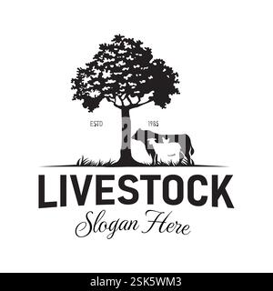 Logo in stile vintage con silhouette Big Tree che ombreggiano mucche, pecore e polli, questo logo è adatto per bestiame, agricoltura, prodotti a base di carne, dai Illustrazione Vettoriale