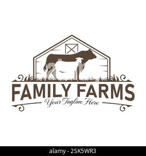Logo in stile vintage con silhouette di mucca e pecora davanti a un fienile, questo logo è adatto per aziende agricole, agroalimentari, caseifici, carni biologiche o altro li Illustrazione Vettoriale
