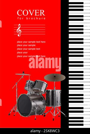 Copertina con l'immagine degli strumenti musicali. Set di musica drum. illustrazione vettoriale 3d disegnata a mano Illustrazione Vettoriale