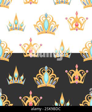 Set vettoriale di corone dorate con pietre preziose su sfondi bianchi e neri. Ideale per design, tessuti e sfondi a tema di lusso Illustrazione Vettoriale