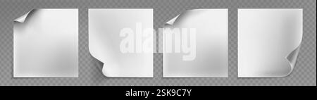 Set di fogli di carta con pieghe ad angolo arricciato - pagine bianche quadrate con diversi bordi piegati e ombre realistiche su sfondo trasparente. Note aziendali, documenti o elementi di progettazione promozionali. Illustrazione Vettoriale