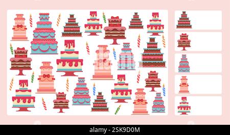 Gioco educativo vettoriale i Spy con torte colorate e candele. L'obiettivo è contare immagini specifiche nascoste nell'illustrazione. Perfetto per i bambini che imparano Illustrazione Vettoriale