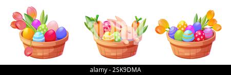 Cesti di Pasqua isolati su sfondo bianco. Illustrazione vettoriale di belle scatole di vimini con uova colorate, simpatici coniglietti, carote, fiori di tulipani freschi, elementi di design per biglietti d'auguri natalizi Illustrazione Vettoriale