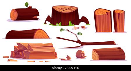 Tronchi di legno, tronchi di alberi con erba e ramoscelli, pezzi di legno tritati, rami di legno con foglie, tronchi tagliati con anelli di corteccia e cerchi annuali. Materiali in legno naturale per falò da campeggio. Illustrazione Vettoriale