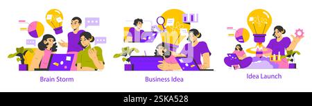 Fasi del processo di realizzazione dell'idea. I team possono fare brainstorming di idee, sviluppare concetti aziendali e lanciare soluzioni innovative. Collaborazione, creatività e produttività evidenziate da elementi visivi. Illustrazione vettoriale. Illustrazione Vettoriale