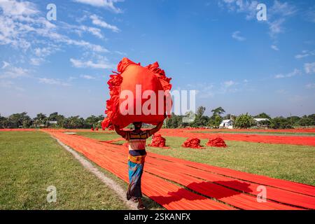 Un lavoratore porta un panno colorato sulla testa mentre si dirige verso la fabbrica dopo che si è asciugato. Narsingdi, Bangladesh. Foto Stock