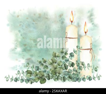 Candele bruciate con rami di piante di eucalipto dollaro d'argento su sfondo verde acquerello. Clipart religioso disegnato a mano per la prima comunione Foto Stock
