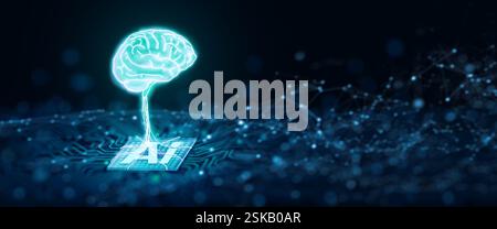 Chipset ai con cervello umano su scheda di circuito del computer. Intelligenza artificiale, data mining e tecnologia informatica moderna per il deep learning. Foto Stock