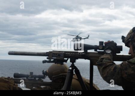 U.S. Marines con Battalion Landing Team 2/4, 31st Marine Expeditionary Unit, forniscono sicurezza durante una visita simulata, imbarco, ricerca e sequestro (VB Foto Stock