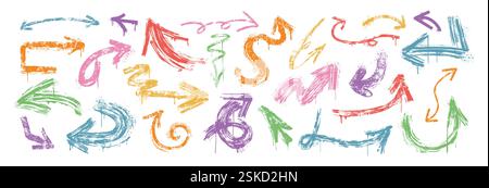 Le frecce del tratto di pennello disegnate a mano hanno forme diverse. Set vettoriale colorato e audace, riccio, ondulato o squiggly. Spruzza gli elementi grafici della direzione dei graffiti di vernice con gocce e schizzi in stile grunge Illustrazione Vettoriale