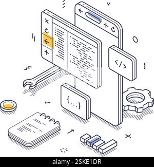 Strumenti di sviluppo Web in stile line art isometrico, tra cui frammenti di codice, un blocco note e icone di progettazione, che illustrano il flusso di lavoro di progettazione digitale. Illustrazione Vettoriale