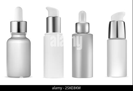 Faccia al collo della bottiglia di siero. Skin Care cosmetico, contenitore contagocce per olio essenziale, isolato su sfondo bianco. Trattamento idratante con collagene senza aria pa Illustrazione Vettoriale