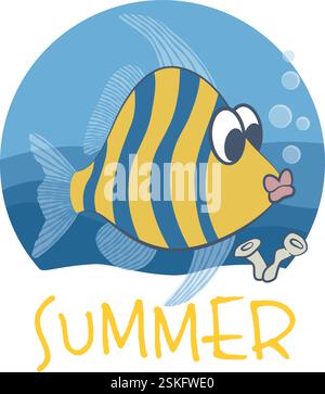 Banner per annunciare l'estate con pesci tropicali che nuotano in mare. Illustrazione Vettoriale