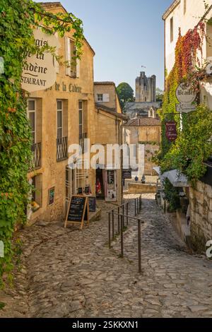 Vista su Rue du Tertre de la Tente nella città vecchia, Saint-Emilion, dipartimento della Gironda, Nouvelle-Aquitaine, Francia, Europa Foto Stock