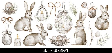 Set di acquerelli per festeggiare i coniglietti di Pasqua. Illustrazione disegnata a mano uova di Pasqua con simpatici conigli per il design religioso. Disegno vintage per Icon Foto Stock
