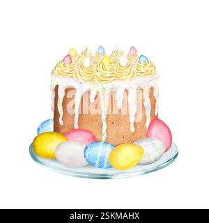 Una torta pasquale decorata con panna montata e uova blu, gialle, rosa e bianche sul piatto. Buona Pasqua. Acquerello disegnato a mano. Foto Stock