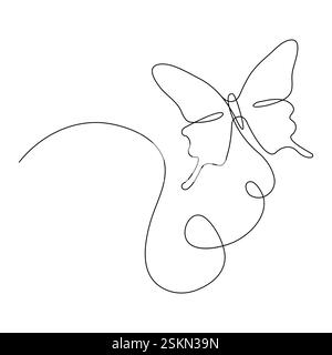 Disegno continuo a farfalla su una linea con sfondo bianco e nero Illustrazione Vettoriale
