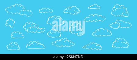 Set di nuvole a matita astratte. Fumetto disegnato a mano cielo nuvoloso. Illustrazione vettoriale della raccolta di tracce bianche su sfondo blu. Imitazione di Illustrazione Vettoriale