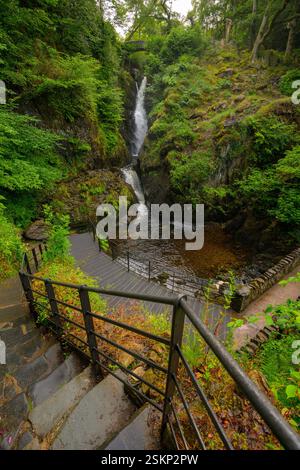 Gradini che conducono alla cascata Aira Force vicino a Ullswater nel Lake District, Regno Unito. Foto Stock