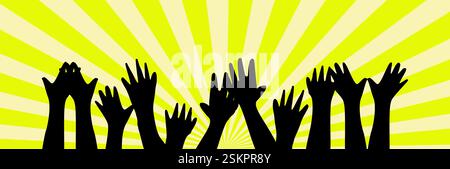 Set di mani alzate sullo sfondo di raggi solari Foto Stock