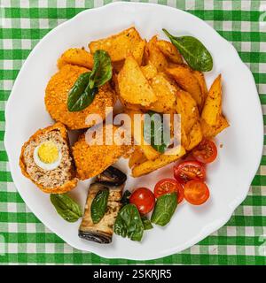 Un piatto vivace mostra un pasto tradizionale con uova ripiene croccanti, patate arrosto dorate, pomodori ciliegini e spinaci freschi, serviti su un checkere Foto Stock