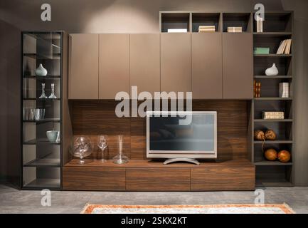 Interni eleganti e contemporanei con tv e vani portaoggetti Foto Stock