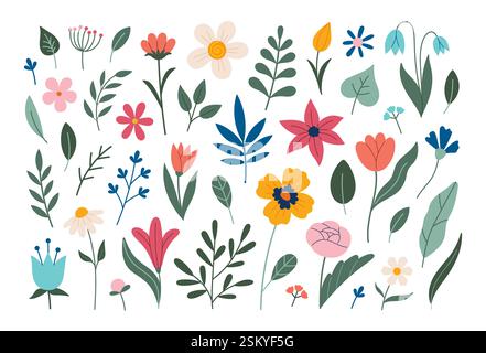 Collezione di fiori. Fiori diversi isolati sul bianco. Illustrazione vettoriale. Fiori ed erbe estive e primaverili. Papavero, tulipani, peonia, narciso, stile doodle, design piatto. Illustrazione Vettoriale