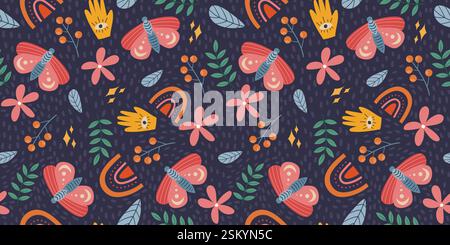Fantasia senza cuciture a farfalla e motivo floreale con simboli mistici, vibranti elementi disegnati a mano e motivi botanici su sfondo blu scuro ideale Illustrazione Vettoriale