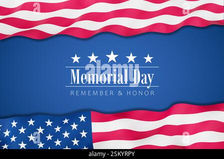 Testo 'Memiral Day - Remember & Honor' tra bandiere degli Stati Uniti d'America di fronte a uno sfondo blu Foto Stock