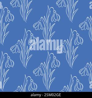 Le gocce di neve fioriscono su sfondo blu motivo senza cuciture in stile line art. Stampa floreale disegnata a mano per design primaverile, carta da parati, cartolina. Illustrazione Vettoriale