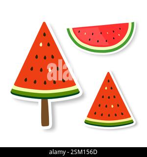 Una serie di fette di anguria adesivi o icone su sfondo bianco. Design alla moda nello stile della pop art degli anni '80 Illustrazione Vettoriale