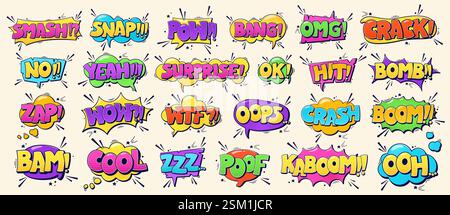 Gruppo di bolle di discorso Smash Snap Pow Bang OMG Crack No Yeah Surprise OK Hit Bomb Zap Wow WTF Oops Crash Boom Bam Cool ZZZ Poof Kaboom Oh. Illustrazioni fumettistiche a fumetti a colori con elementi mezzitoni. Illustrazione Vettoriale