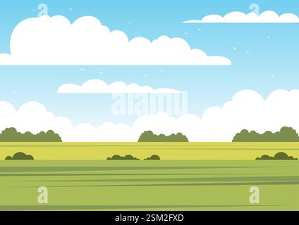 Illustrazione vettoriale di splendidi paesaggi estivi. Banner in stile cartoni animati panoramico primaverile. Paesaggio naturale nella stagione della raccolta Illustrazione Vettoriale