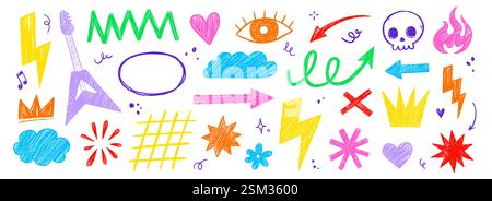 Set di elementi icona disegnati a mano dalla stella della musica rock punk grunge Tattoo Doodle. Pennello a pastello disegnato a mano in stile boodle rock punk Lightning Tattoo. Illustrazione vettoriale Crayon Scribble Music star. Illustrazione Vettoriale