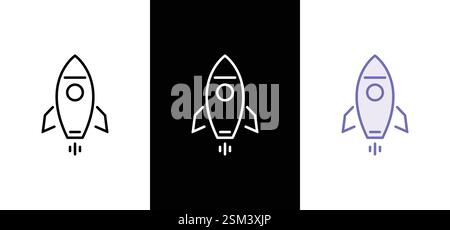Icone vettore razzo. Lancia una navicella spaziale o una navicella spaziale. Un razzo che vola velocemente per lo spazio. Avvio di nuove attività. Illustrazione Vettoriale
