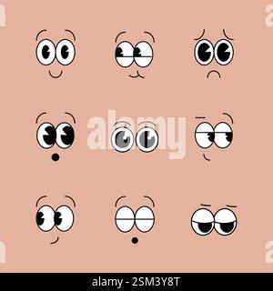 Volti di cartoni animati. Espressivi occhi e bocca, sorrisi, piangere e sorprese espressioni del volto dei personaggi. Caricature comiche o emoticon doodle. Illustrazione Vettoriale