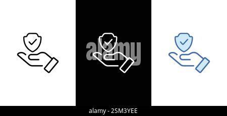 Set di icone piatte e linea di assicurazione. Protezione con segno di spunta sul simbolo della mano. Illustrazione Vettoriale
