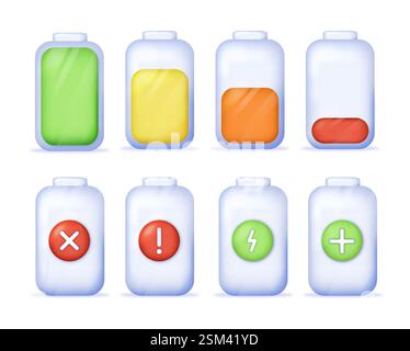 Set di icone della batteria con diversi livelli di carica e indicatori di stato. Illustrazione Vettoriale