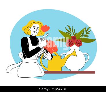 Fiorista sorridente che organizza fiori in un vaso. Illustrazione Vettoriale