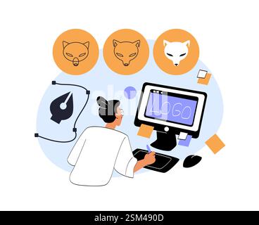 Designer grafico che crea un logo su un tablet digitale. Illustrazione Vettoriale