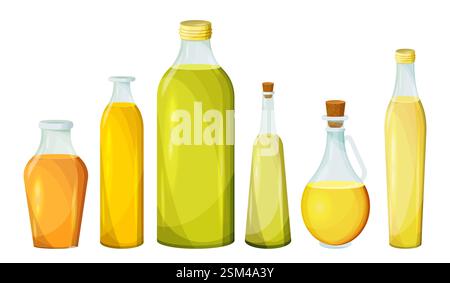 Varie bottiglie di olio in diverse forme e dimensioni. Illustrazione Vettoriale