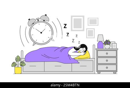 Donna che dorme tranquillamente con la sveglia che squilla nella camera da letto. Illustrazione Vettoriale