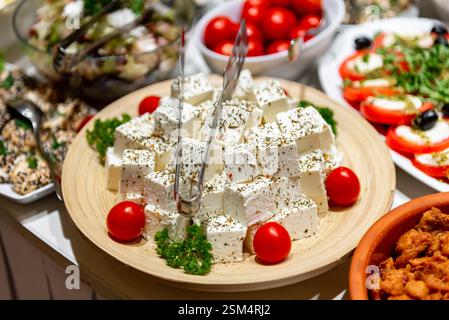Un piatto splendidamente organizzato presenta cubetti di feta cosparsi di erbe aromatiche, accompagnati da pomodori rossi brillanti. Foto Stock