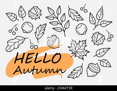 Ciao Autunno. Set di elementi per la raccolta autunnale. Foglie, bacche, frutta, verdura, funghi, ghiande. Illustrazione vettoriale disegnata a mano in stile doodle. Illustrazione Vettoriale