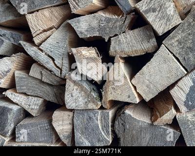 Una vista dettagliata dei tronchi di legna da ardere tritati disposti in pile assortite e impilate, che presentino le consistenze naturali e le preparazioni per la combustione o il magazzinaggio, Foto Stock